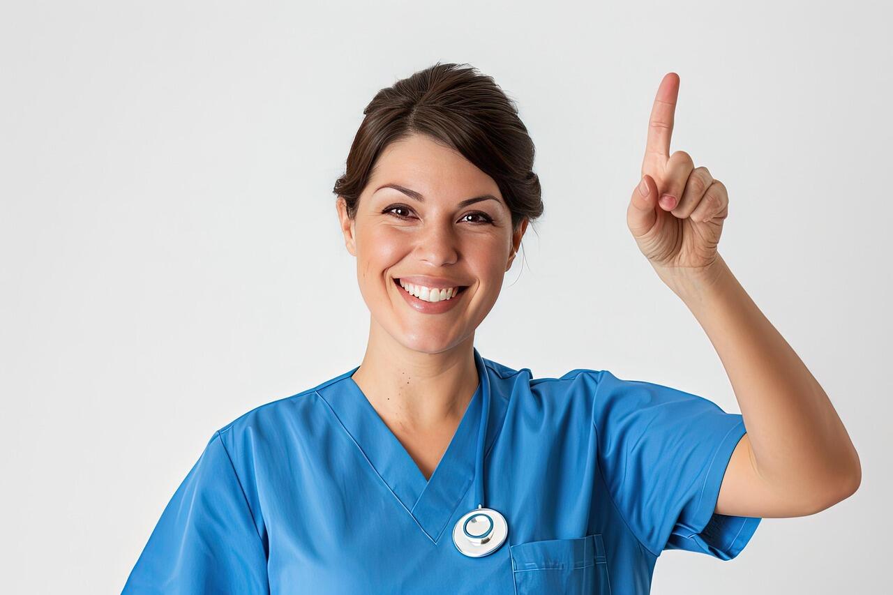 A person wearing blue scrubs pointing up

AI-generated content may be incorrect.