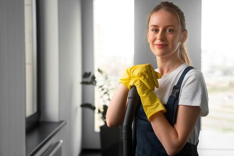 A person wearing yellow gloves holding a vacuum