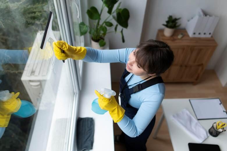 A person cleaning a window